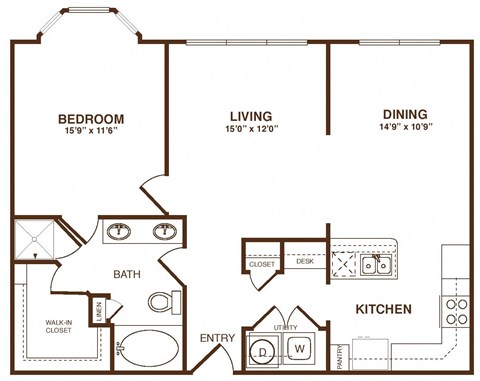 Floor plan for 1 bed, 1 bath, 933 sqft